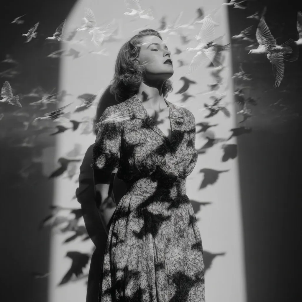 Black-and-white portrait of a woman in a floral dress, eyes closed, with birds in flight around her.