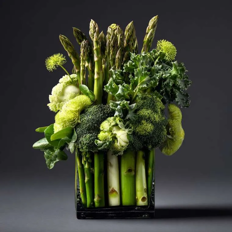 Concept render: asparagus, broccoli, kale and pale green blooms packed upright in a glass cube.