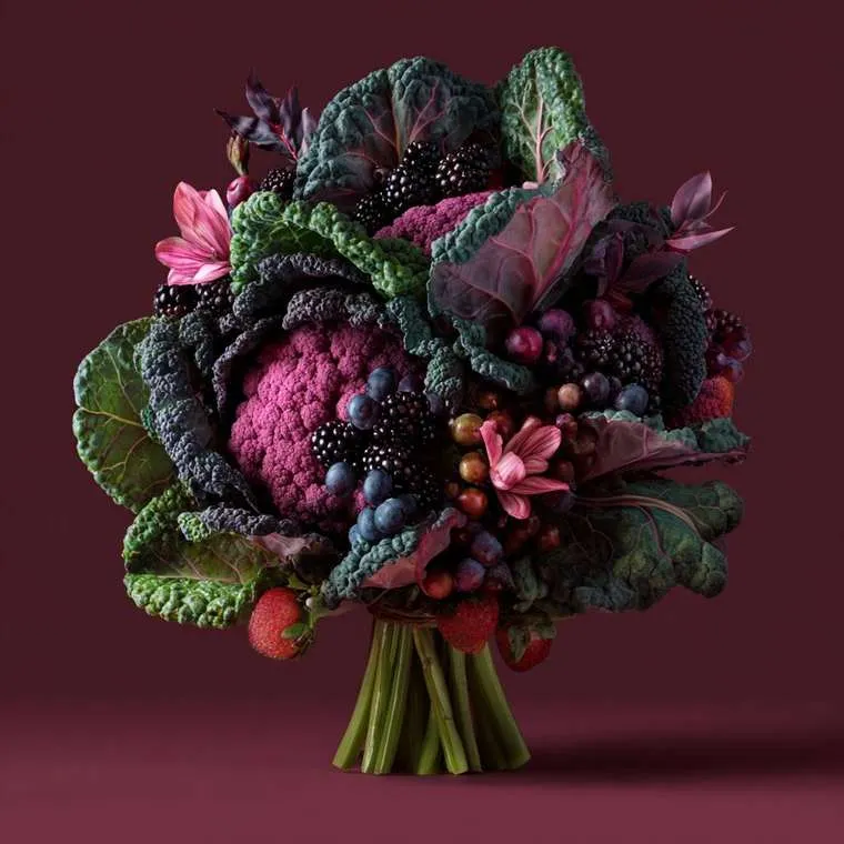 Concept render: a bouquet of purple cauliflower, dark kale, blackberries, blueberries and strawberries on a wine-red ground.