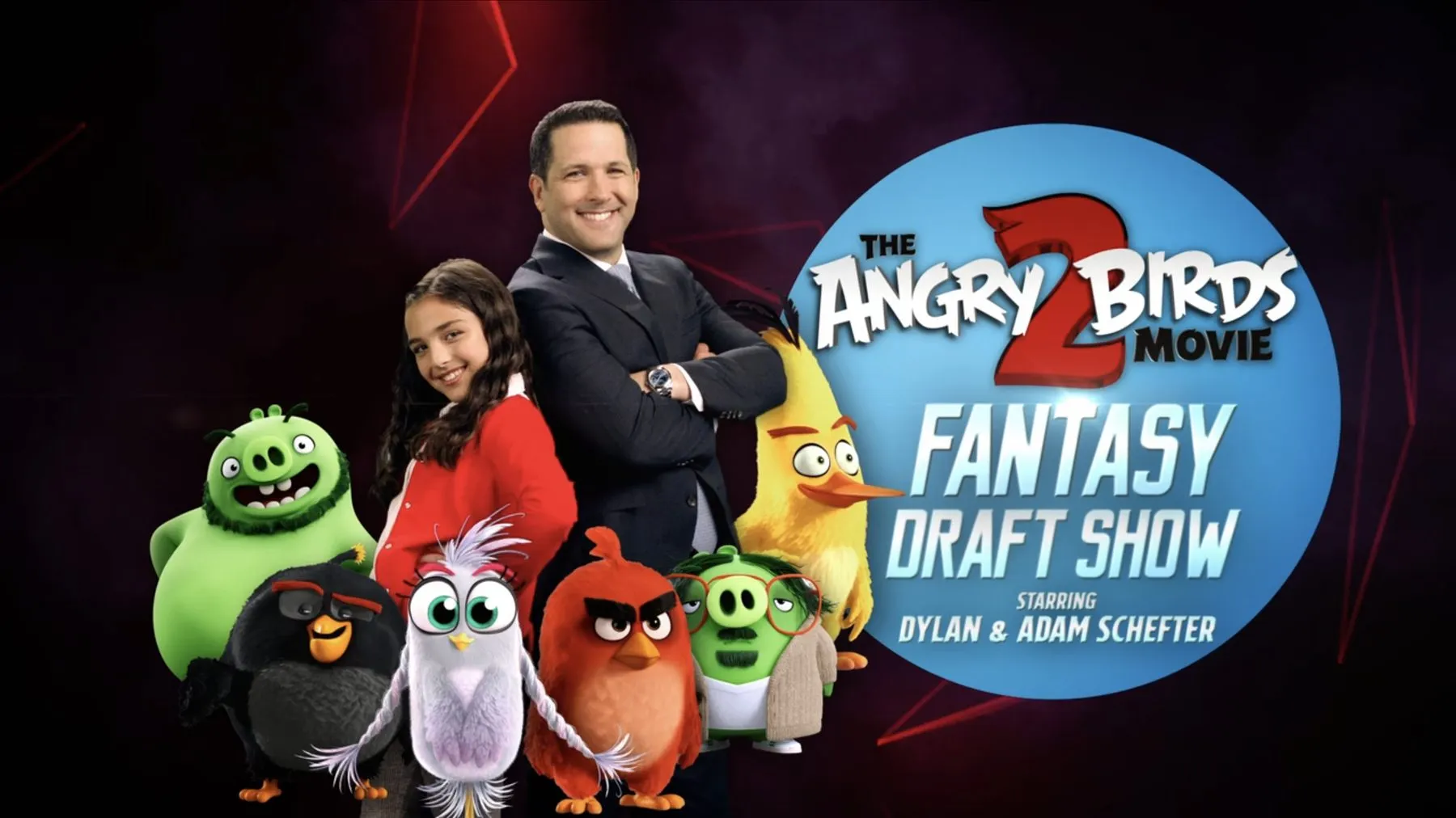 Dylan and Adam Schefter with Angry Birds characters beside the title card for The Angry Birds 2 Movie Fantasy Draft Show.