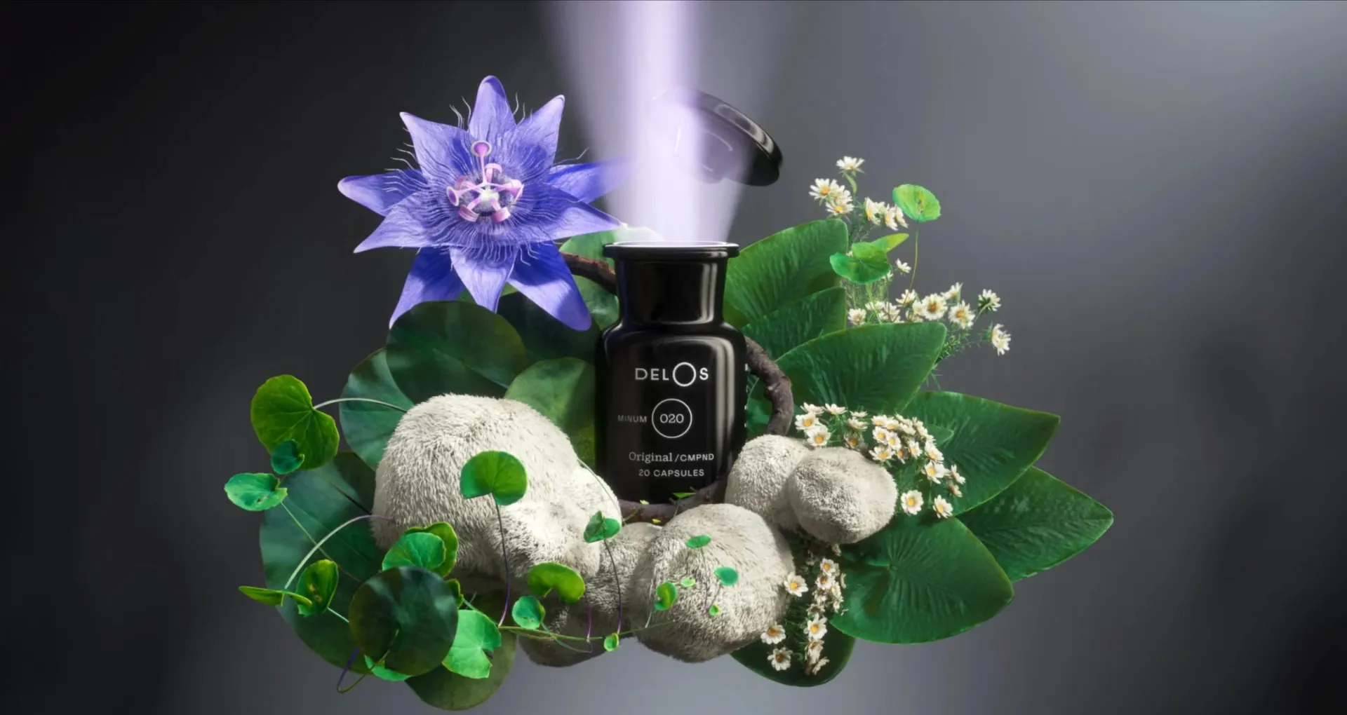 A black Delos supplement bottle opening in a beam of violet light, surrounded by a passionflower, leaves, daisies and soft white stones.