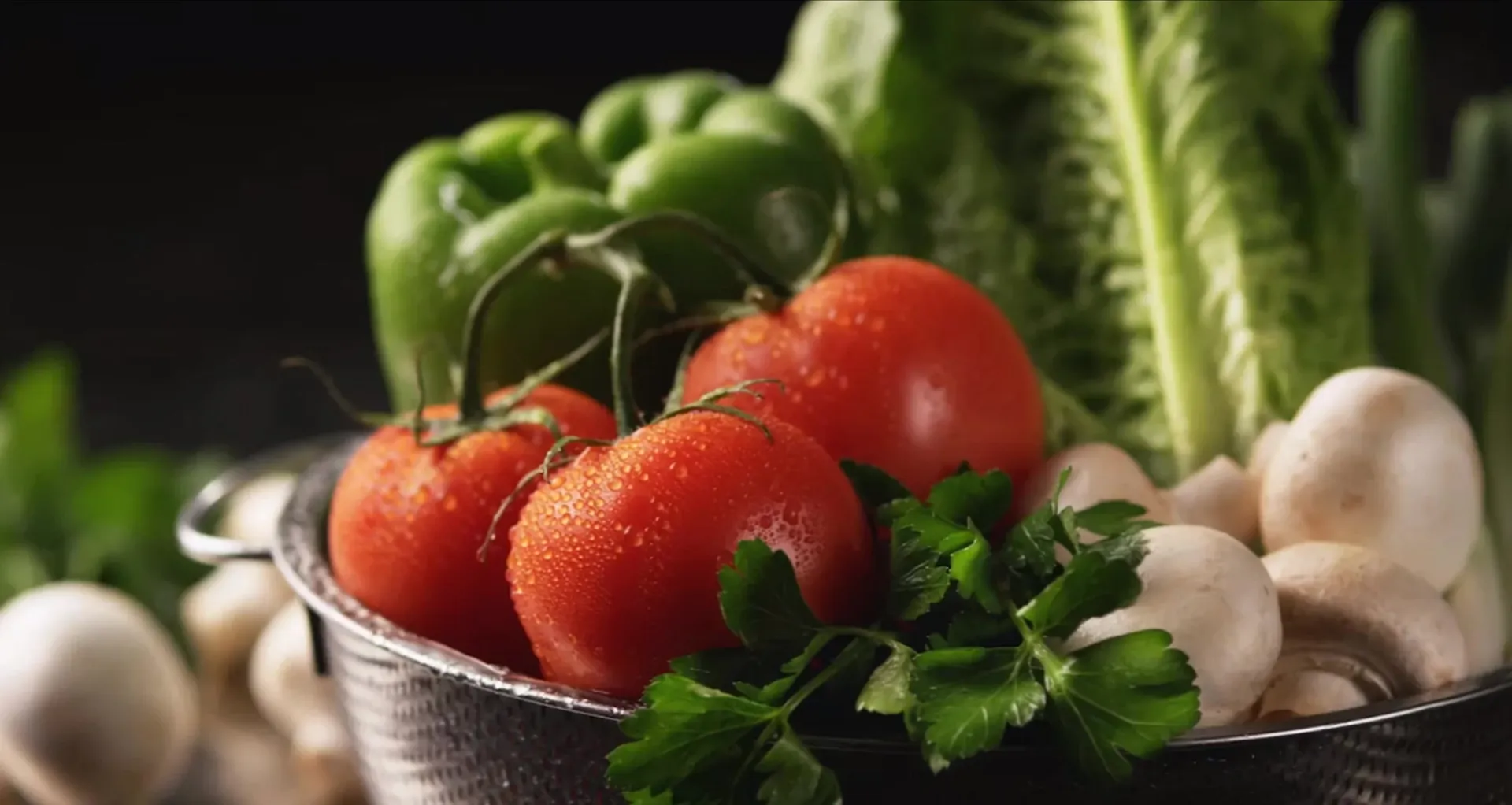 Wet vine tomatoes, parsley and white mushrooms in a steel colander, with green peppers and romaine behind.