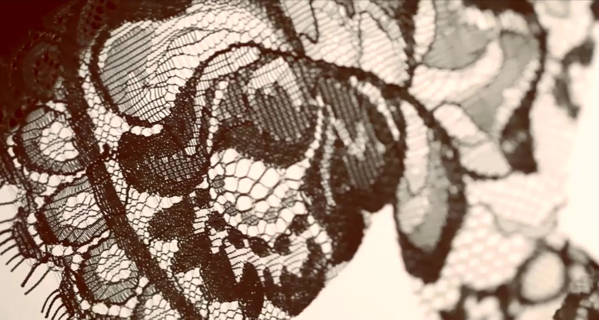 Close-up of black lace against a pale background in warm sepia tones.