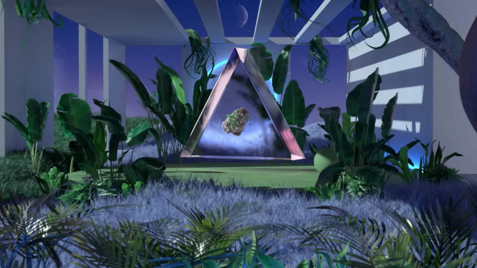 Animation: a glass triangle glowing blue floats above a lawn in a moonlit pavilion overgrown with tropical plants, a cannabis bud suspended inside it.