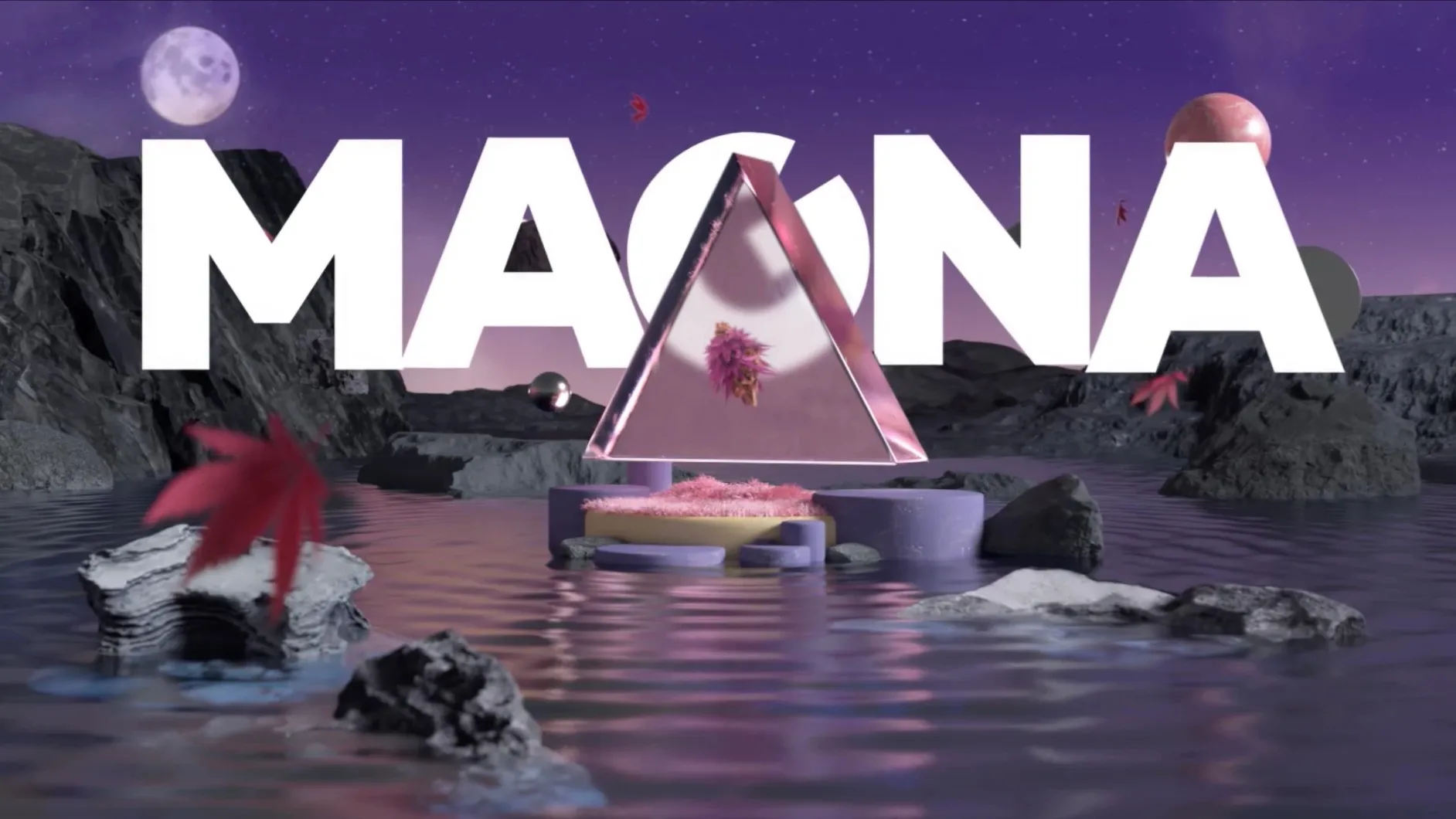 Animation: the word MAGNA in giant white letters over a violet night lake, a pink glass triangle rising from a plinth in the water, red leaves drifting past a full moon.