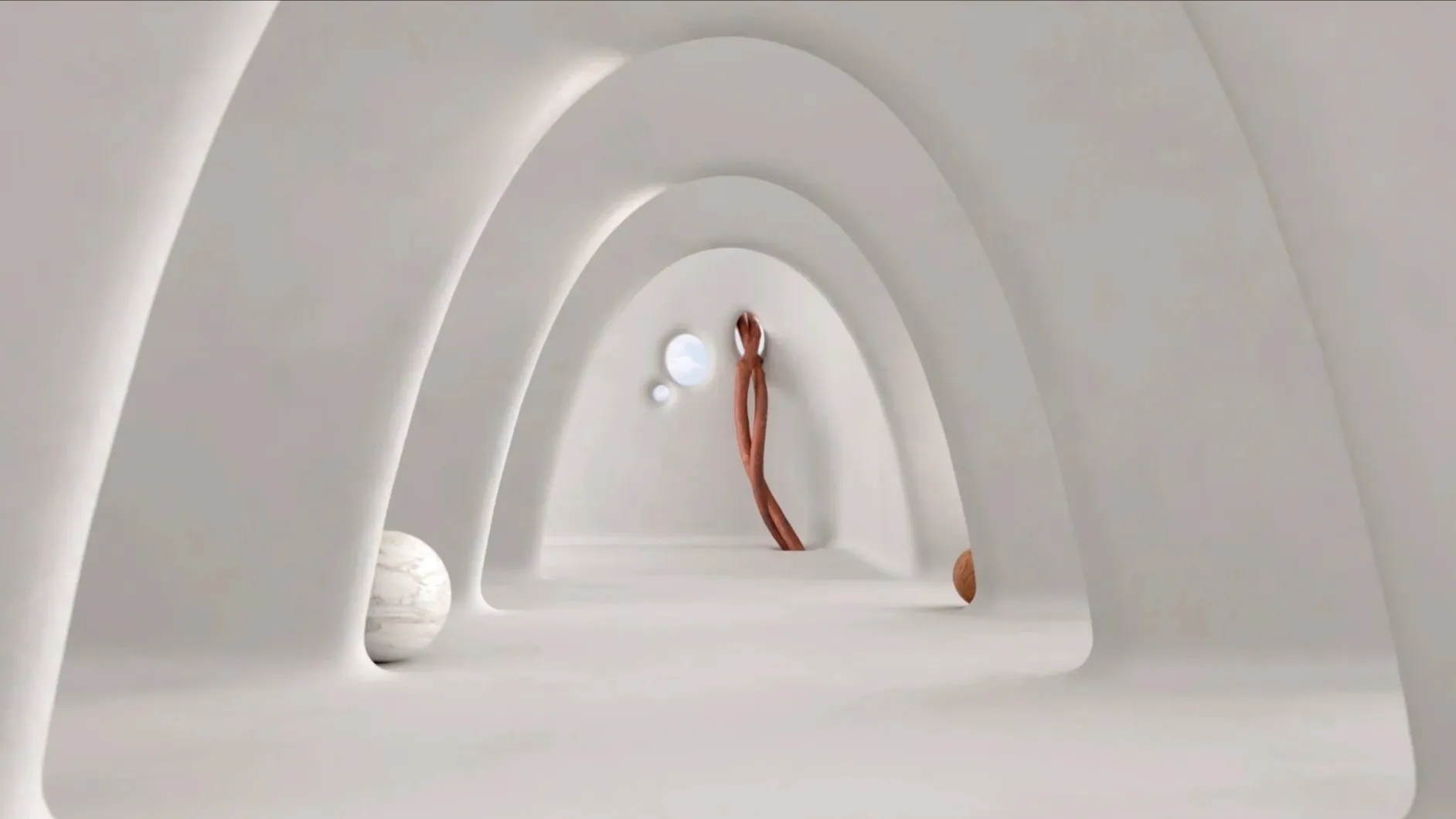 Animation: a white sculpted tunnel of nested arches, a marble sphere on the floor and a twisted terracotta form leaning by two round windows of sky.