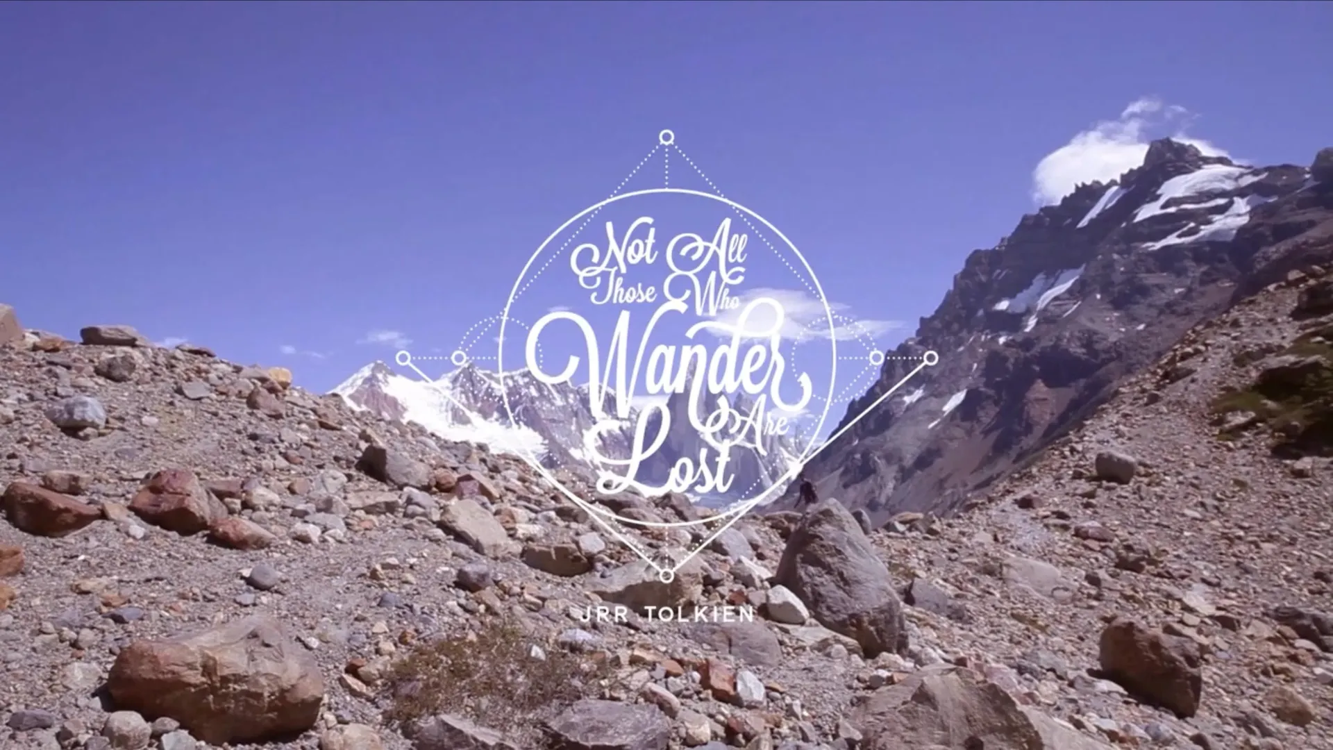 A rocky Patagonian valley under snow-capped peaks, with the title Not All Those Who Wander Are Lost.