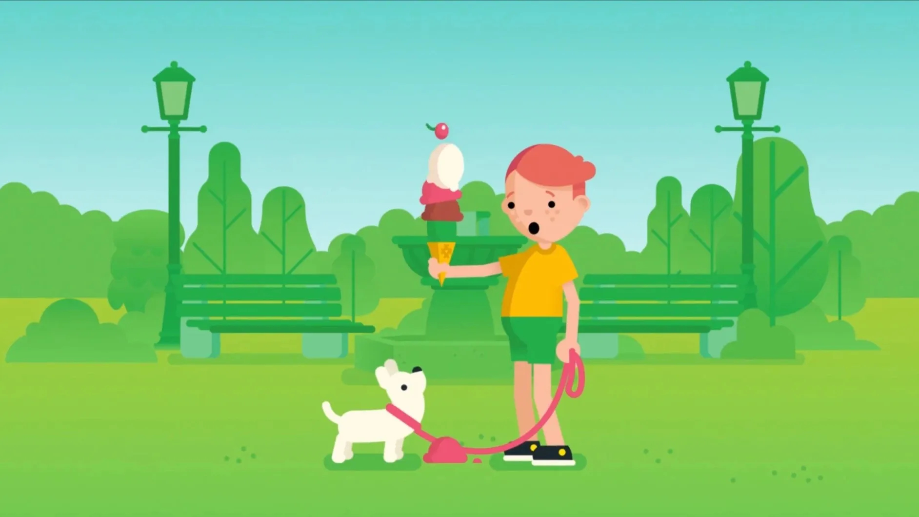 Animation: a red-haired boy in a park holds a towering ice-cream cone while his white puppy sniffs a fallen scoop.