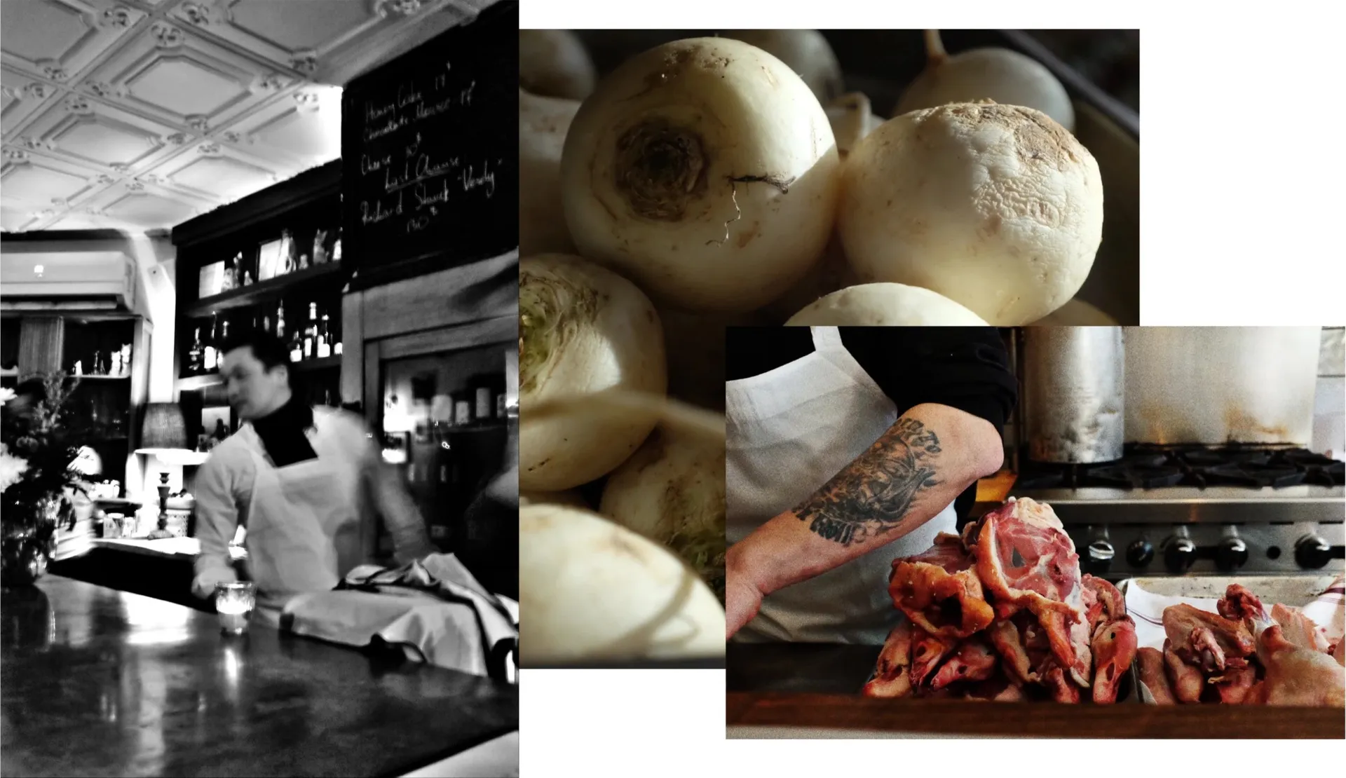 A black-and-white bar with a chalkboard menu and pressed-tin ceiling, beside close-ups of white turnips and a tattooed chef with cuts of meat.