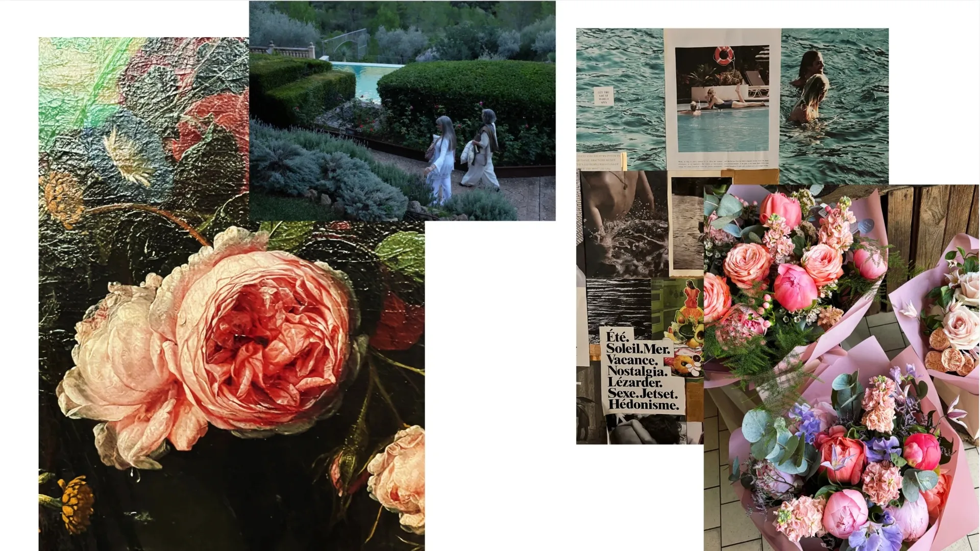 An oil painting of pink roses, two women in white walking a garden path above a pool, a sea-and-summer collage, and pink peony bouquets.