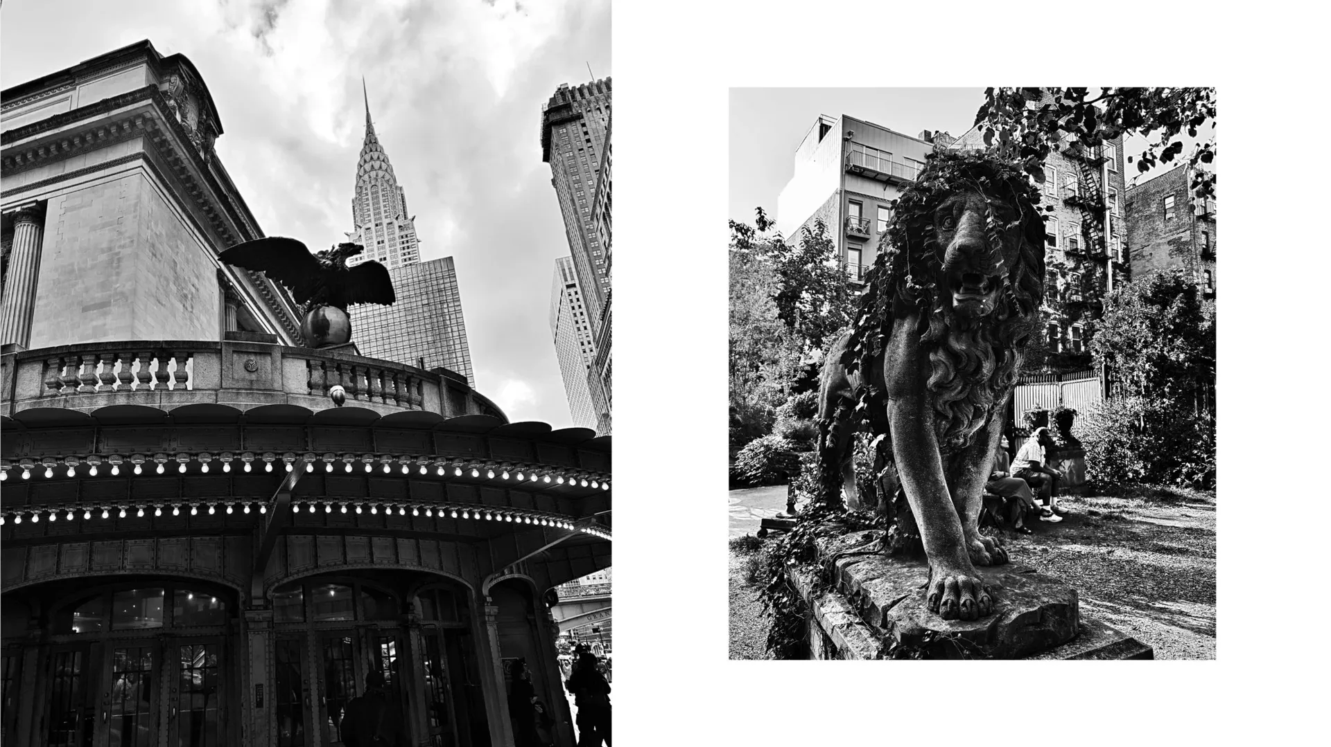 Black-and-white New York: the Grand Central eagle under the Chrysler Building, and an ivy-covered stone lion in a garden.