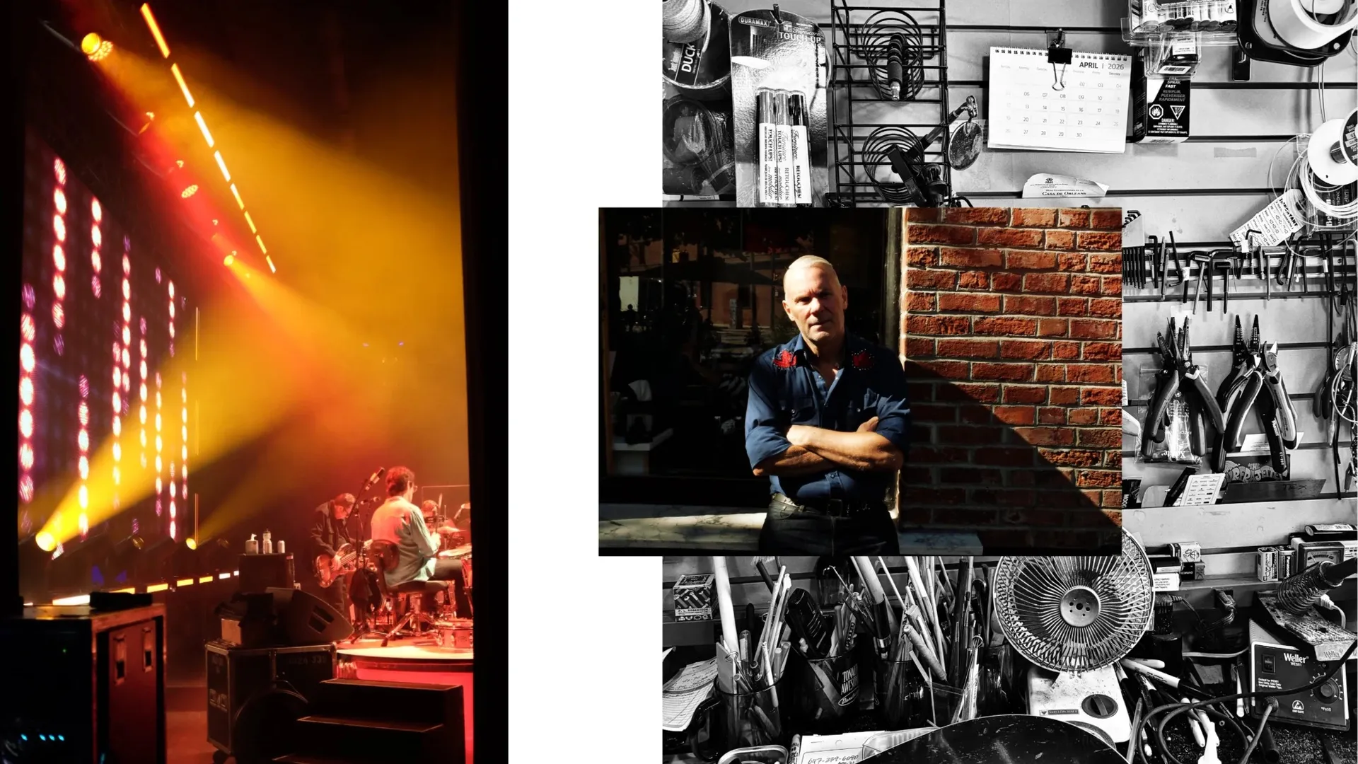A band on stage in yellow and red light seen from the wings, and a man with crossed arms against a brick wall over a black-and-white workshop wall of tools.