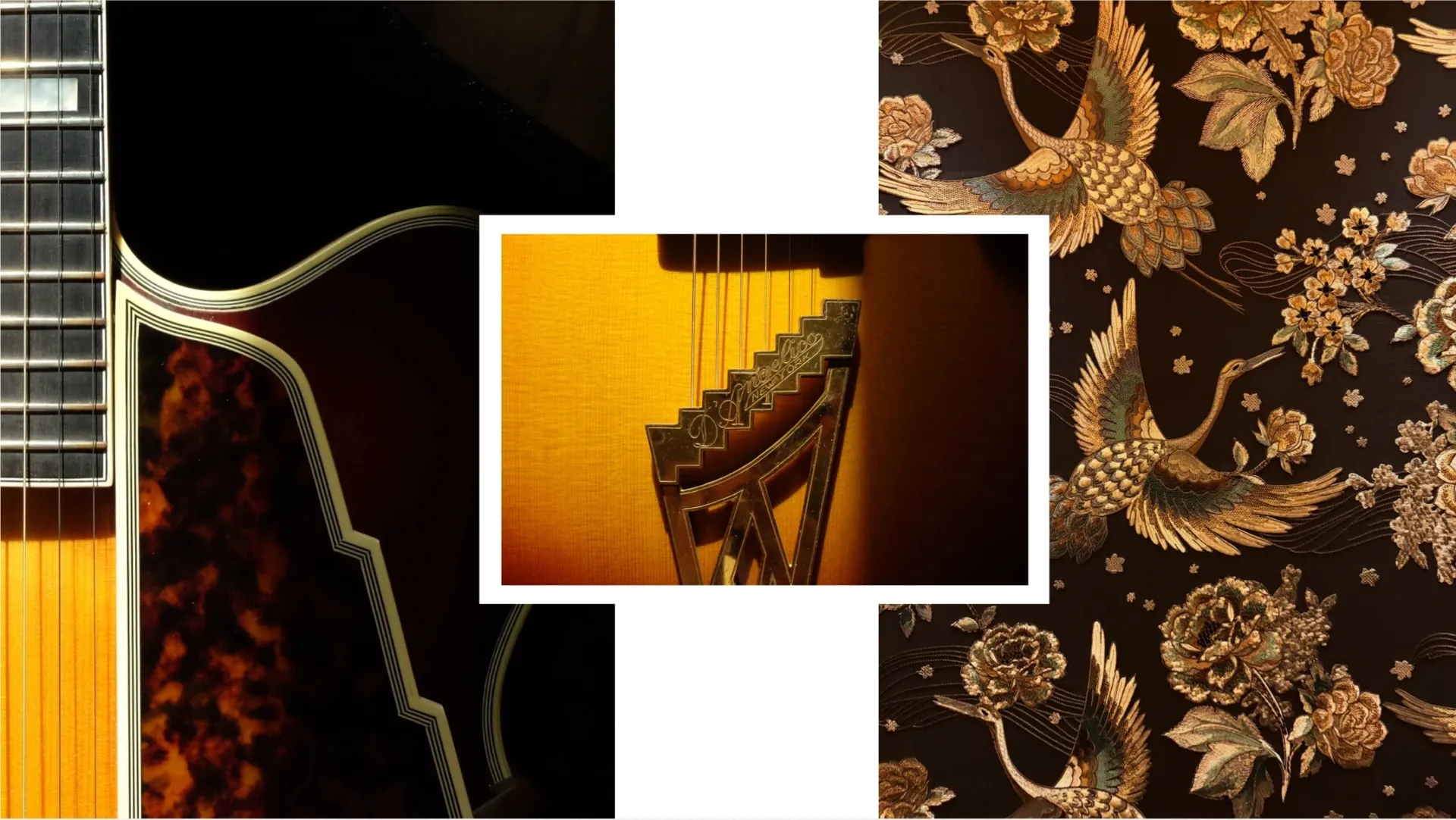 Close-ups of a sunburst archtop guitar and its D'Angelico tailpiece, beside gold embroidered cranes and peonies.