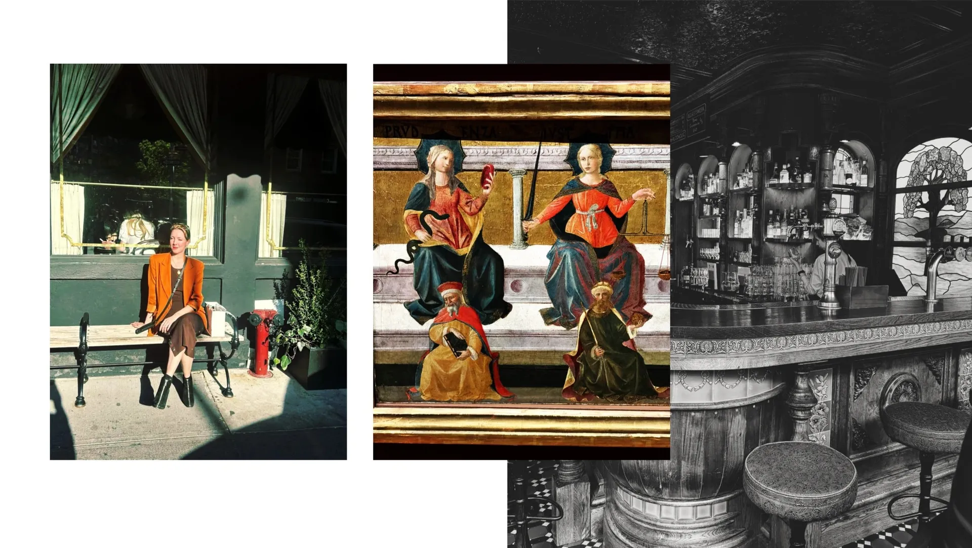 A woman in an orange blazer on a sunlit bench, a Renaissance painting of Prudence and Justice, and an ornate black-and-white pub bar.