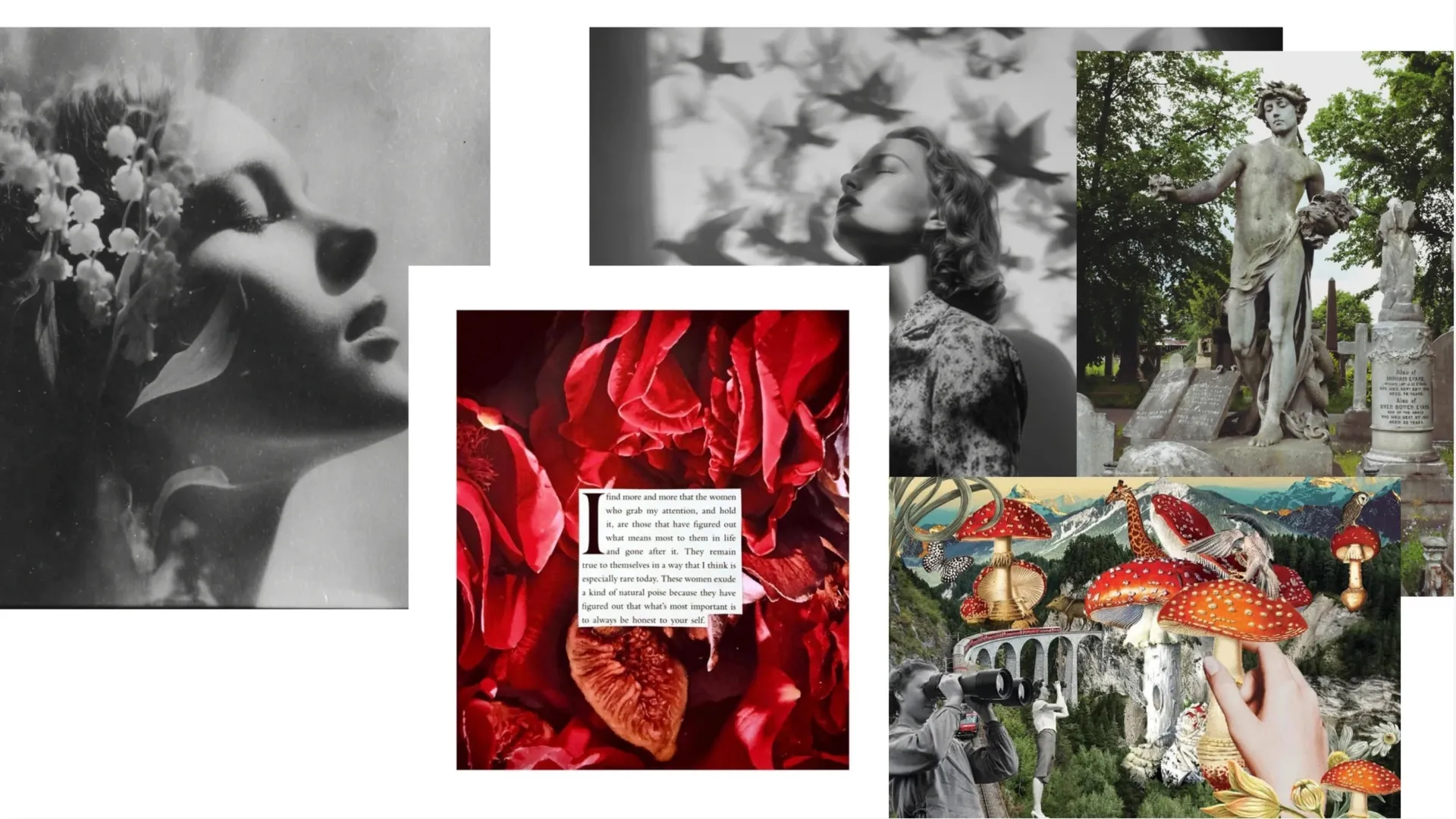 A profile with lily of the valley, a woman with closed eyes among bird shadows, a cemetery statue, a quote over red roses and figs, and a mushroom landscape collage.