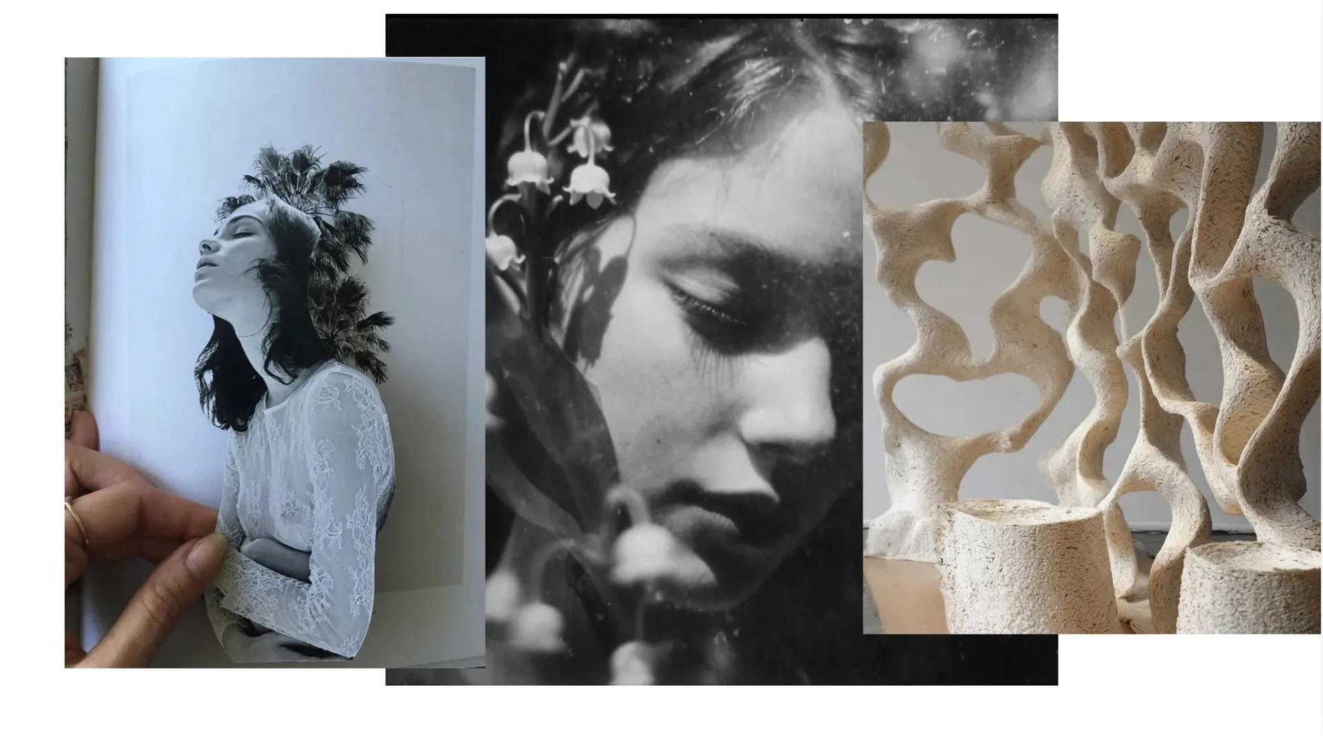 A hand holding a magazine page of a woman in lace with palm fronds, a black-and-white face with lily of the valley, and a sculpture of wavy cream forms.