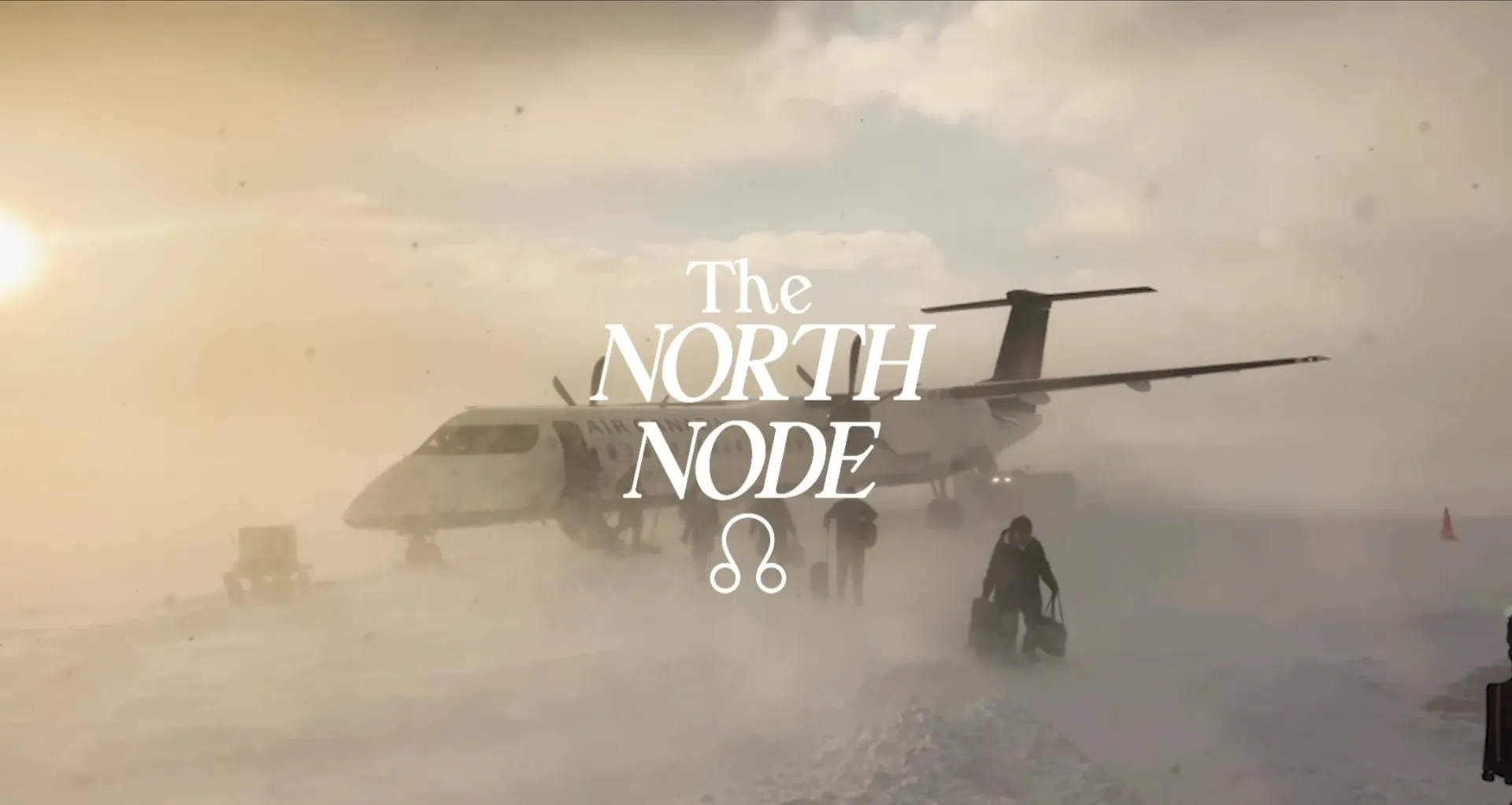 The North Node title over travellers leaving a small plane on a snowy runway in a blizzard.