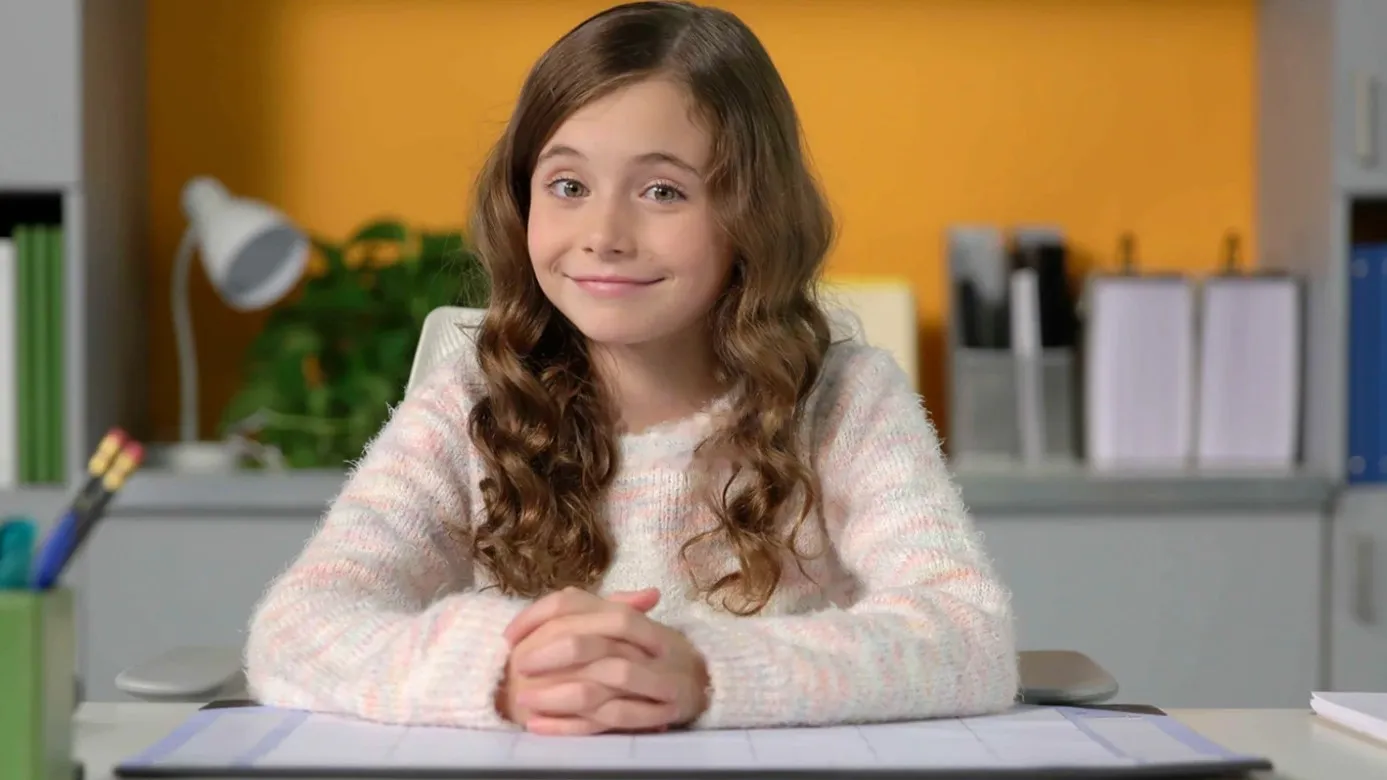 A smiling girl with long curly hair sits at a desk, hands clasped, in a bright office with orange and grey shelves.